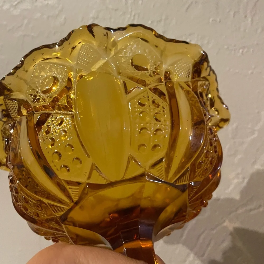 LE Smith Compote Candy Dish Amber Glass Vintage Heritage Hobstar Cane‎ & Arch